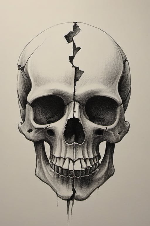 broken skull, pencil draw