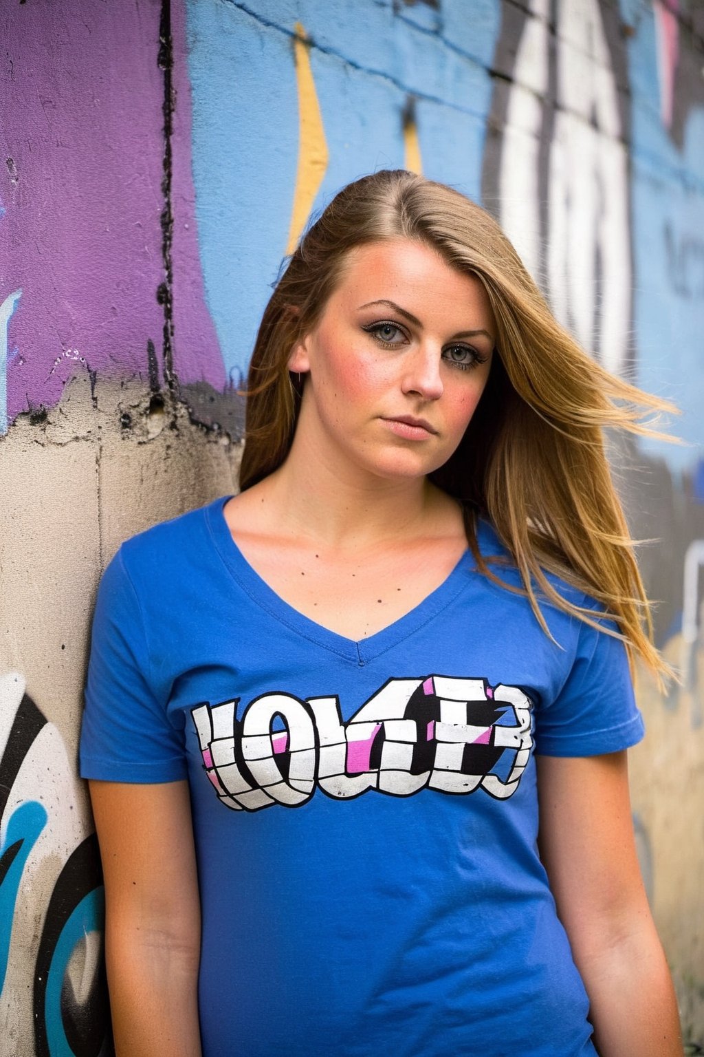 Teen girl in her 20s, huge breast, wear v-neck tshirt, graffiti wall backdrop