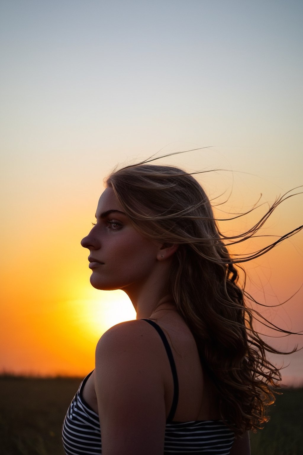 Upper body portrayal of a huge breast young girl, silhouette highlighted against the setting sun, BREAK Backdrop of a fiery sunset, radiant colors of twilight, horizon disappearing into the distance, BREAK Contemplative, peaceful, BREAK Oil painting, romantic realism, BREAK Soft, warm sunset light, strong backlighting, BREAK Close-up shot, shallow depth of field, BREAK High texture detail, high-definition, 4K