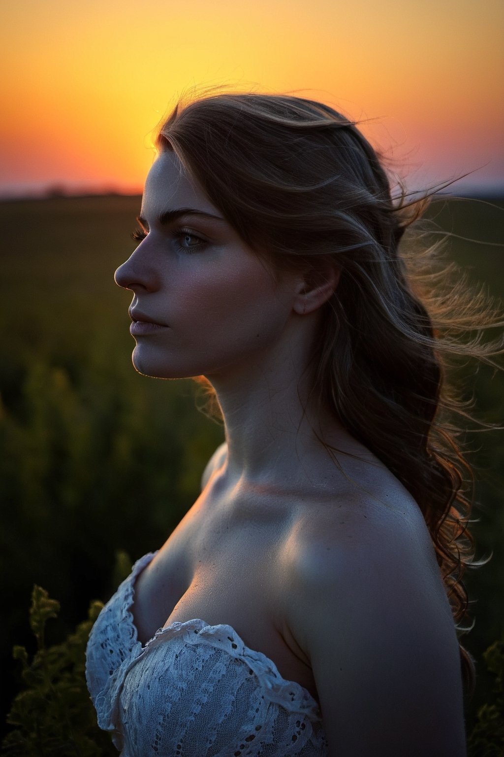 Upper body portrayal of a huge breast young girl, silhouette highlighted against the setting sun, BREAK Backdrop of a fiery sunset, radiant colors of twilight, horizon disappearing into the distance, BREAK Contemplative, peaceful, BREAK Oil painting, romantic realism, BREAK Soft, warm sunset light, strong backlighting, BREAK Close-up shot, shallow depth of field, BREAK High texture detail, high-definition, 4K