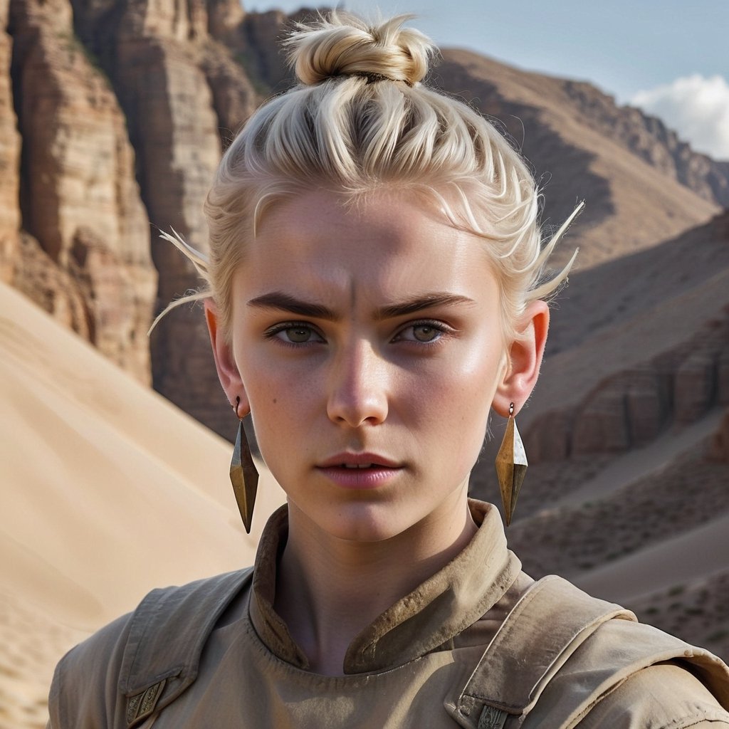 skinny, young, teen on a mountain, platinum blonde hair hazel eyes, female, (masterpiece) , handsome, pointy ears, short hair, undercut, man bun, earings, rogue, Dune style