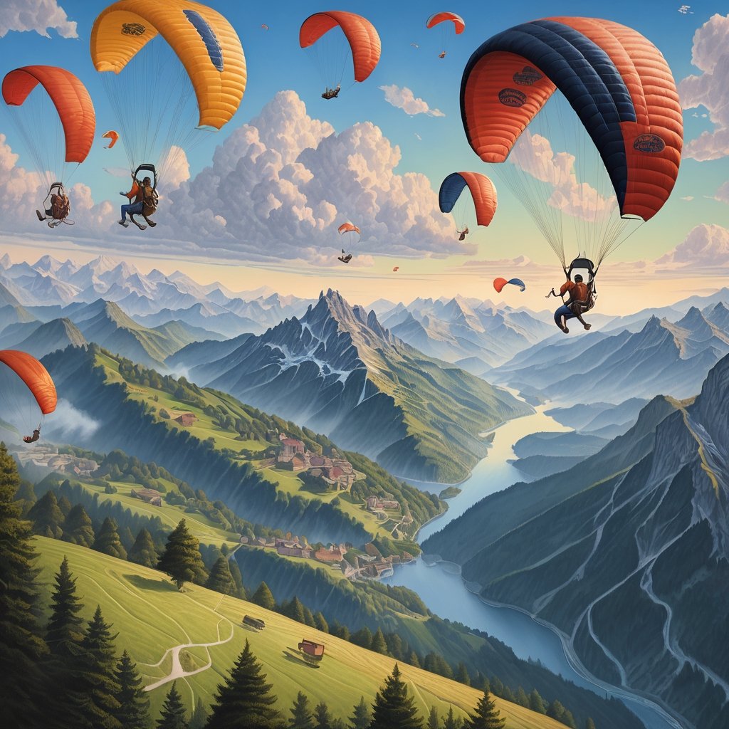 Realistic, Exciting, aesthetic, a painting of people in the mountains with paragliders, bicycles, and, inspired by Rob Gonsalves, an ultrafine detailed painting, cg society contest winner, high detailed illustration, epic full color illustration, higher detailed illustration, highly-detailed illustration, very detailed illustration, highly detailed illustration