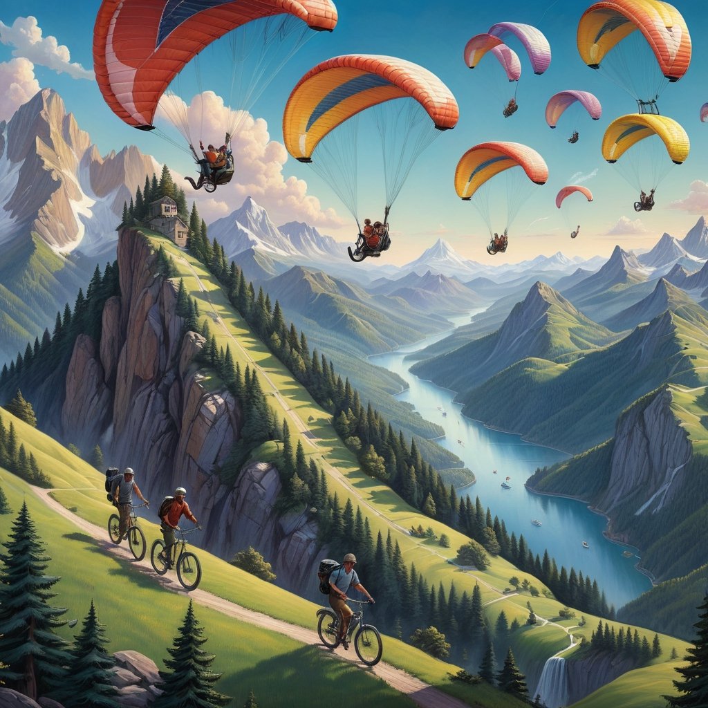 Realistic, Exciting, aesthetic, a painting of people in the mountains with paragliders, bicycles, and, inspired by Rob Gonsalves, an ultrafine detailed painting, cg society contest winner, high detailed illustration, epic full color illustration, higher detailed illustration, highly-detailed illustration, very detailed illustration, highly detailed illustration