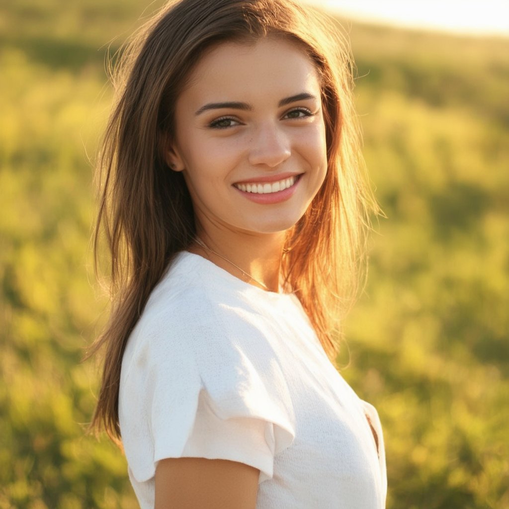 1girl, posing, little smirk, golden hour, natural lighting, 60s vibe. A young woman poses effortlessly against a warm, sun-kissed backdrop during the golden hour. Soft, natural light illuminates her features as she flashes a subtle, mischievous smirk. Her expression exudes a carefree, youthful charm reminiscent of the 1960s. The scene is bathed in a warm, honey-toned glow, with long shadows stretching across the landscape.