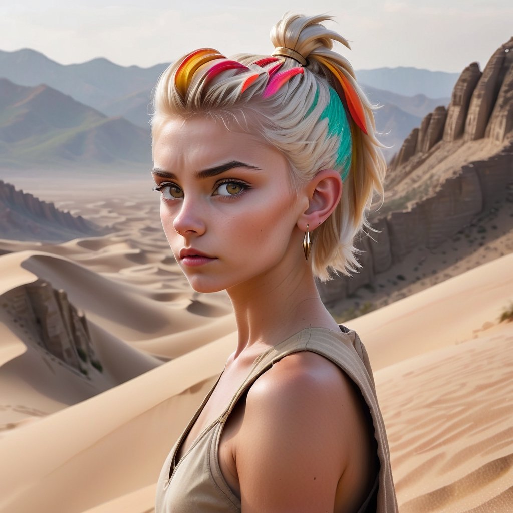 skinny, young, teen on a mountain, platinum blonde hair hazel eyes, female, (masterpiece) , handsome, pointy ears, short hair, undercut, man bun, earings, rogue, Dune style,Dune Style