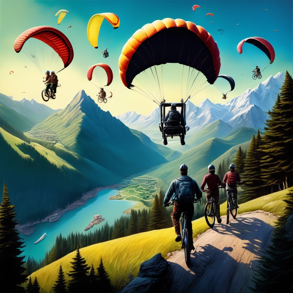 Realistic, Exciting, aesthetic, a painting of people in the mountains with paragliders, bicycles, and, inspired by Rob Gonsalves, an ultrafine detailed painting, cg society contest winner, high detailed illustration, epic full color illustration, higher detailed illustration, highly-detailed illustration, very detailed illustration, highly detailed illustration