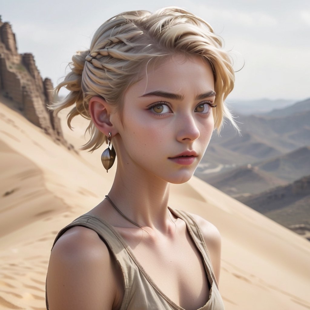 skinny, young, teen on a mountain, platinum blonde hair hazel eyes, female, (masterpiece) , handsome, pointy ears, short hair, undercut, man bun, earings, rogue, Dune style