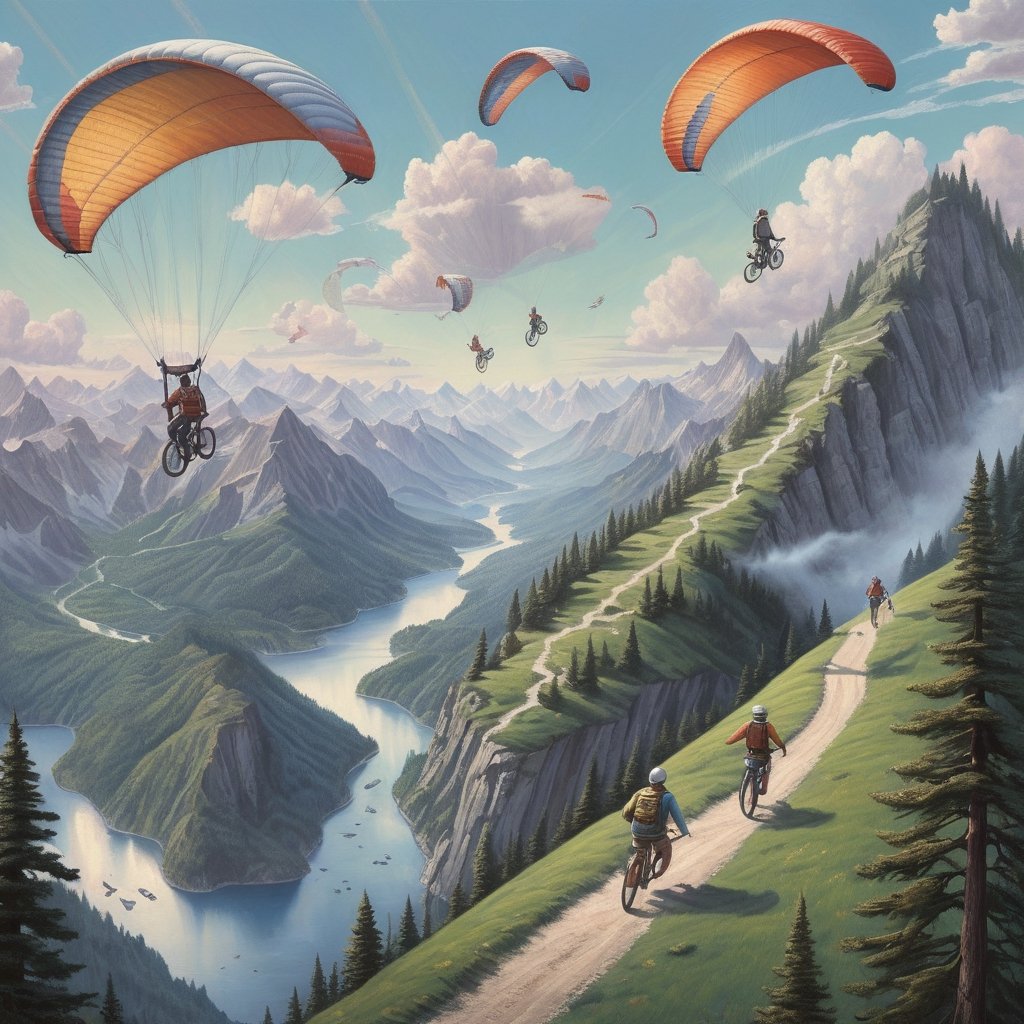 Realistic, Exciting, aesthetic, a painting of people in the mountains with paragliders, bicycles, and, inspired by Rob Gonsalves, an ultrafine detailed painting, cg society contest winner, high detailed illustration, epic full color illustration, higher detailed illustration, highly-detailed illustration, very detailed illustration, highly detailed illustration