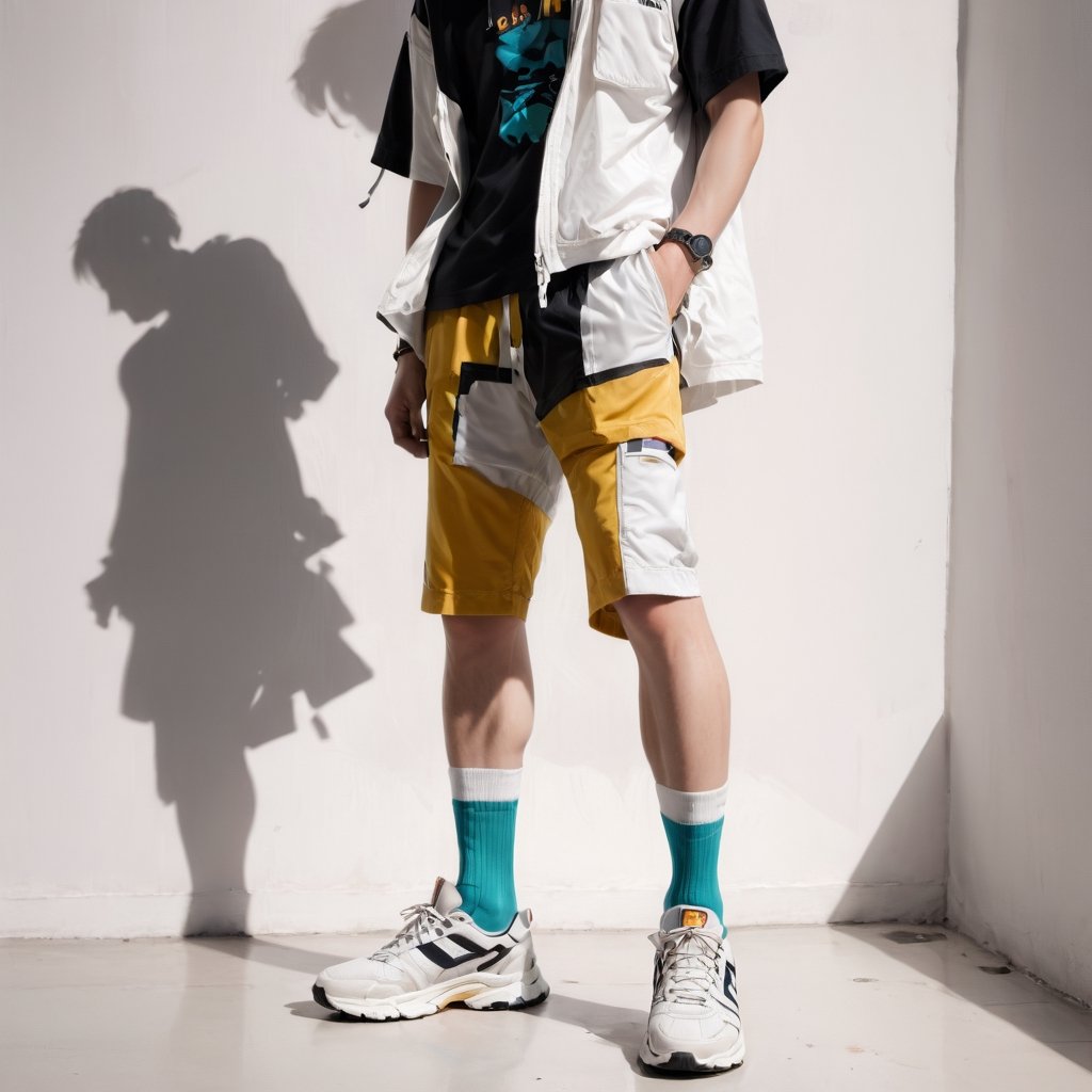 Realistic, Shoes, aesthetic, solo, 1boy, standing, male focus, shoes, shorts, socks, shadow, white footwear, sneakers, close-up, lower body