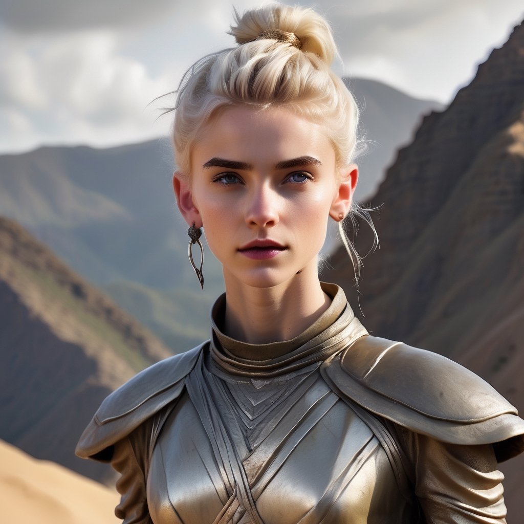 skinny, young, teen on a mountain, platinum blonde hair hazel eyes, female, (masterpiece) , handsome, pointy ears, short hair, undercut, man bun, earings, rogue, Dune style