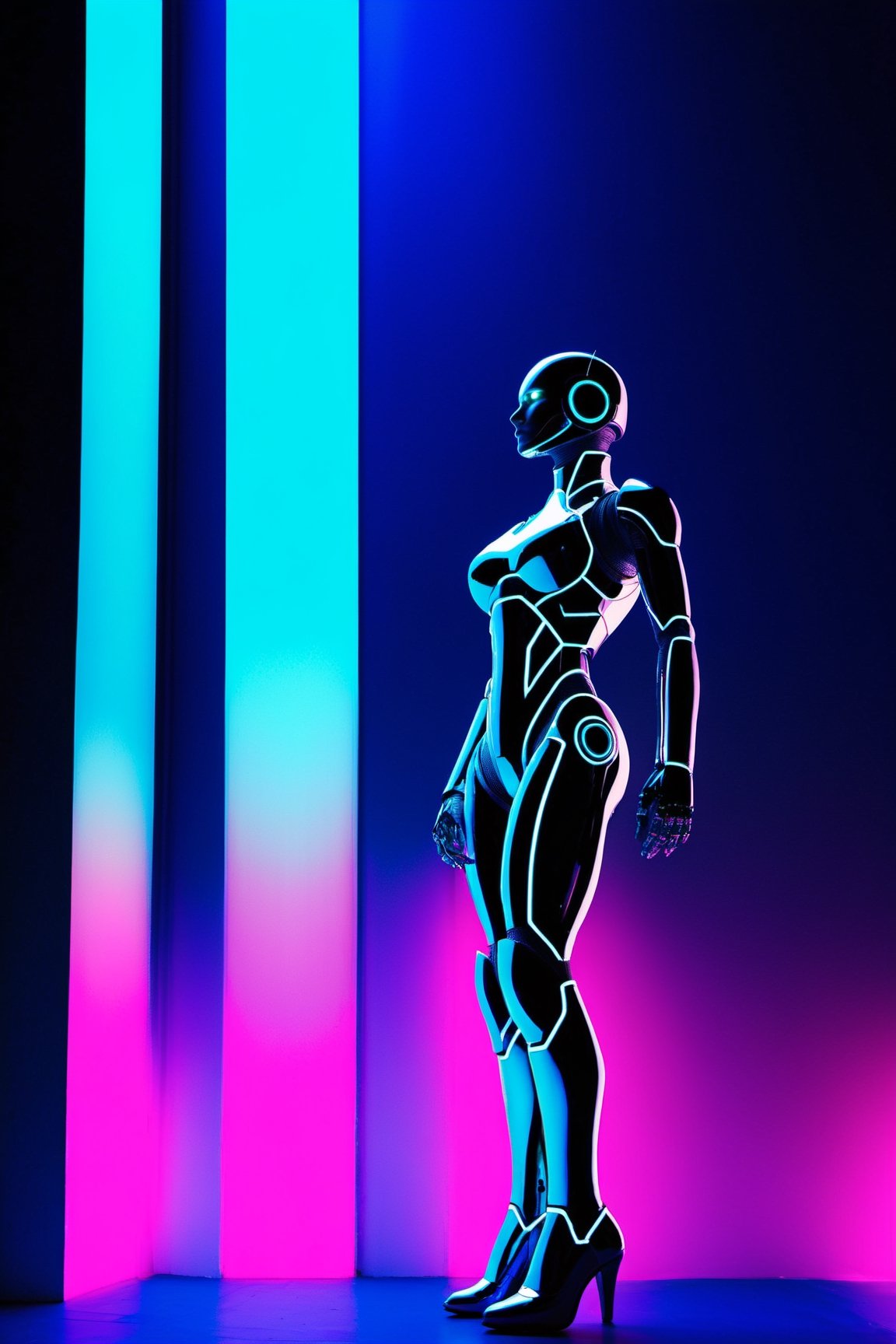 Advanced android, gleaming metal body, patrolling a futuristic corporation, BREAK glass towers, neon lights, bustling crowds of humans and robots, BREAK Mysterious, tension-filled, BREAK 3D rendered, sleek and modern, BREAK Cool fluorescent lighting, dramatic shadows, low-angle perspective, lens flare, BREAK Highly detailed, ultra-resolution, 16K