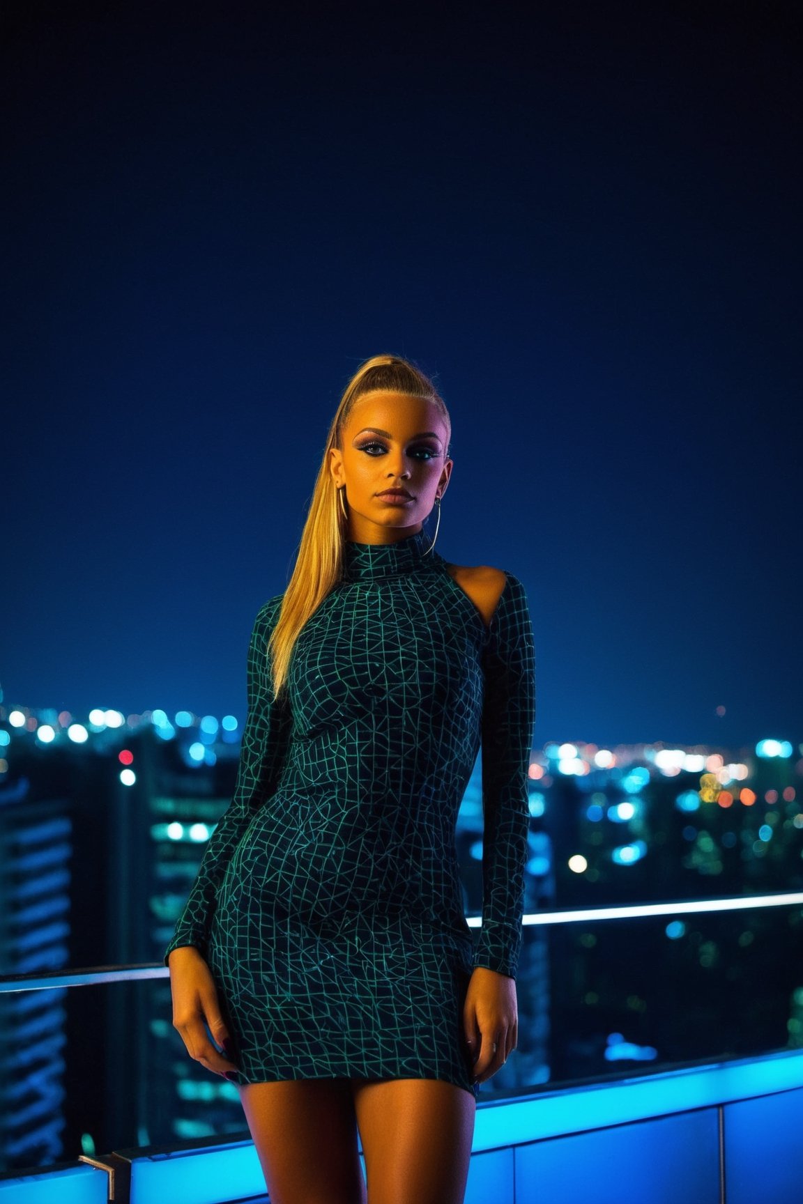 A 20-year-old girl, confident and energetic, wearing a tight-fitting minidress, BREAK vibrant urban backdrop, bustling city nightlife, neon lights reflecting off glass buildings, BREAK Exciting, youthful, BREAK Digitally rendered, modern fashion magazine style, BREAK Under city neon lights, casting vibrant hues and deep shadows, wide-angle lens with cityscape in the background, BREAK High-definition, meticulously detailed, 4K