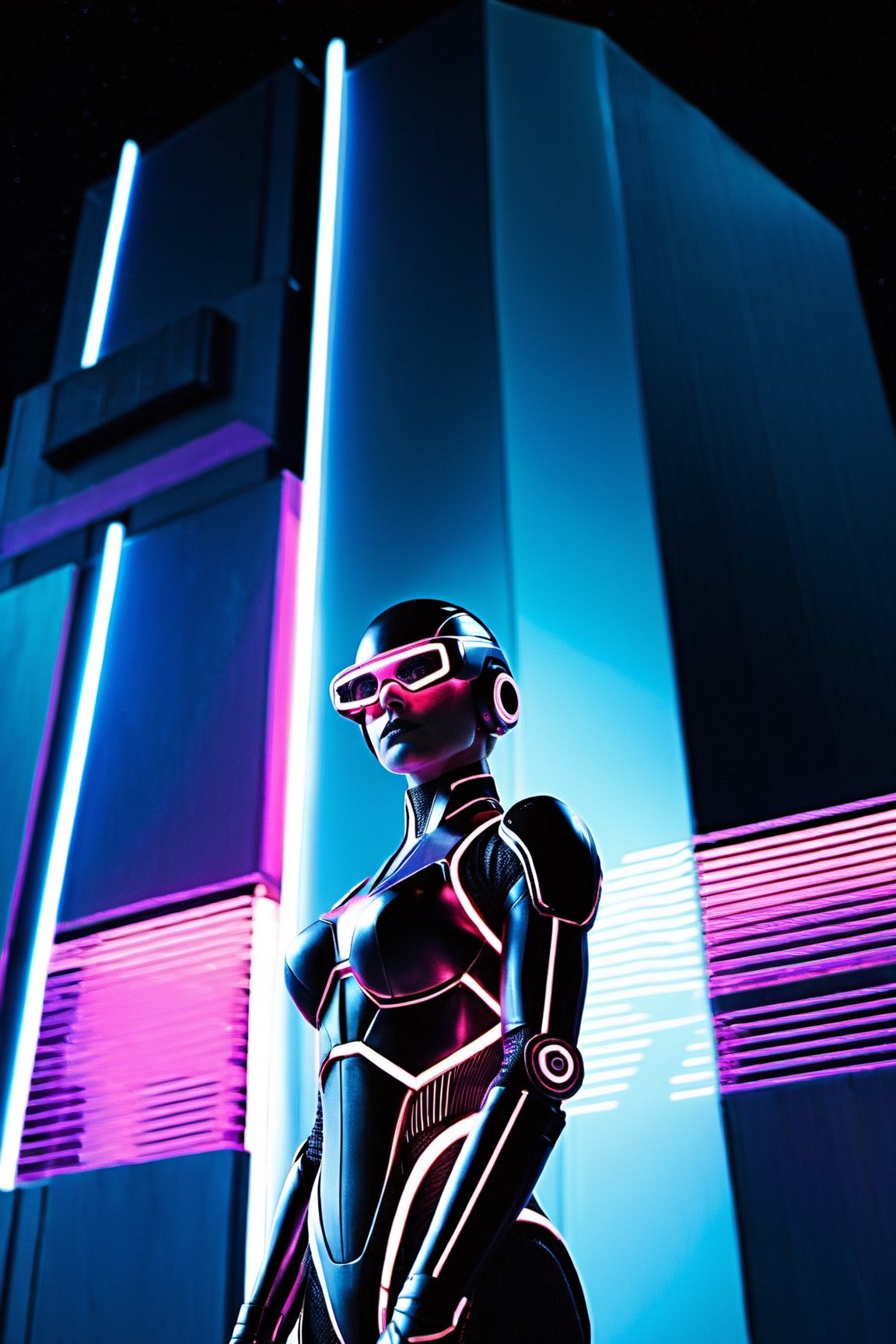 Advanced android, gleaming metal body, patrolling a futuristic corporation, BREAK glass towers, neon lights, bustling crowds of humans and robots, BREAK Mysterious, tension-filled, BREAK 3D rendered, sleek and modern, BREAK Cool fluorescent lighting, dramatic shadows, low-angle perspective, lens flare, BREAK Highly detailed, ultra-resolution, 16K