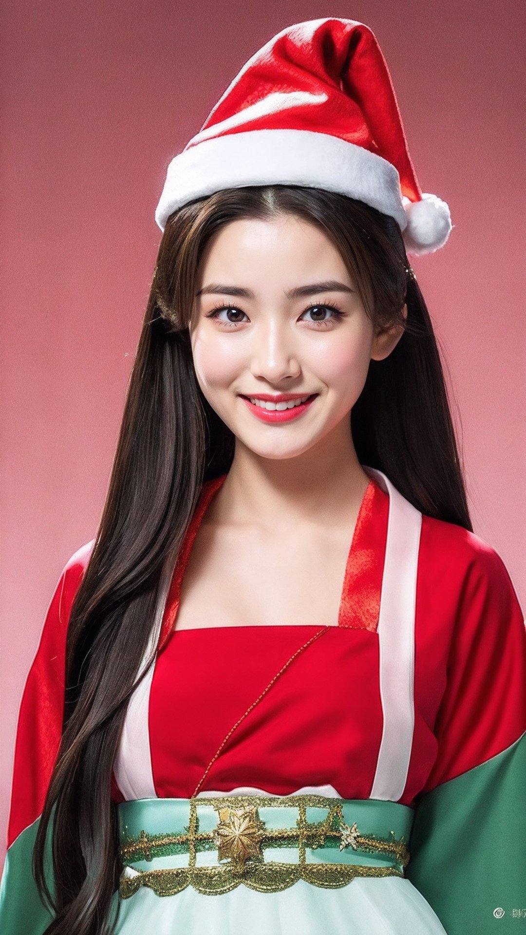 wallpaper character,
1girl, solo, (full body), santa suit, christmas_hat, smile, 
1girl, solo, telephoto lens, exquisite facial features, perfect face, glowing skin, long hair,tienhiep,hanfu