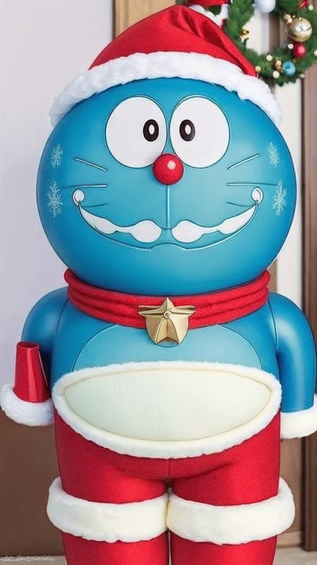 masterpiece,best quality,doraemon, blue skin, robot, big head 1boy,city,rim light,metallic luster,in spring,close-up female body, masculine, (breast), hairy, male face, transgirl, long legs, sexy body, voluptuous, christmas hat