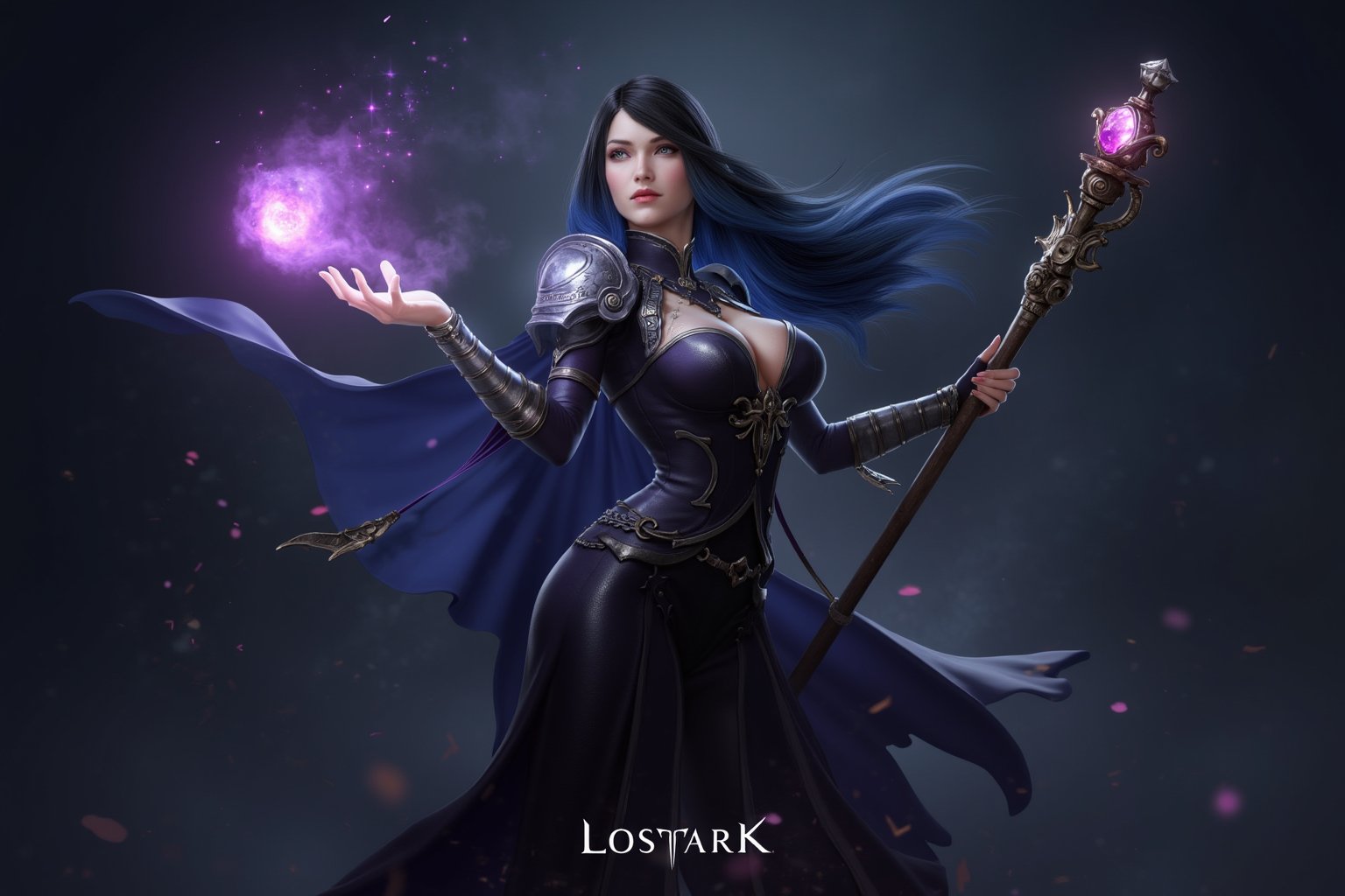 This is a highly detailed digital artwork depicting a fantasy character in a mystical, ethereal setting. The central figure is a female wizard with long, flowing black hair that transitions to a vibrant blue near the ends. She is dressed in a dark, form-fitting outfit adorned with intricate metallic designs and straps, giving her a priestess appearance. Her armor includes large, ornate shoulder pads and a high-collared cape that flutters behind her, hinting at movement. 

Her right hand is extended forward, creating a magical spark that emits a series of glowing, star-like particles. Her left hand holds a long, ornate staff topped with a glowing, pink crystal. The staff's texture is rough, with a wooden base and intricate metalwork. The character's expression is focused and serious, with a hint of determination.

The background is a gradient of dark blues and purples, with subtle star-like particles floating around her, enhancing the mystical atmosphere. The overall style is highly realistic, with attention to minute details in the character's armor and the magical effects. The image is titled "Lostark" at the top, suggesting it might be promotional art for a game or series.