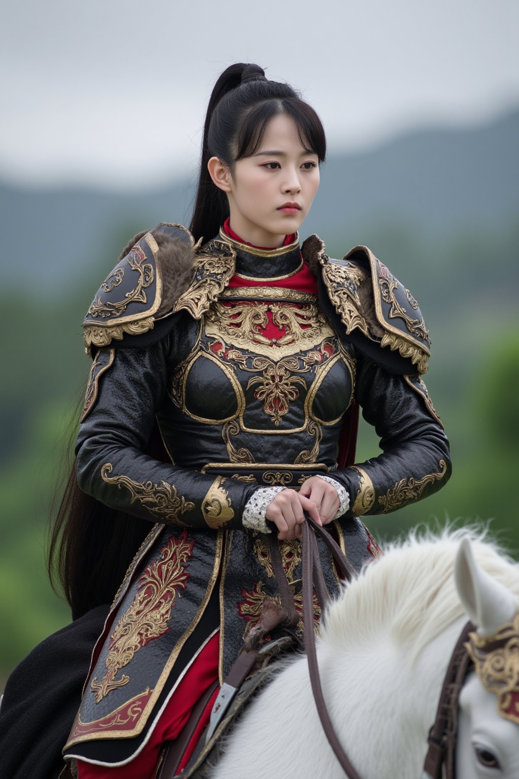 cfairy,
This photograph captures a young woman of East Asian descent, likely in her twenties, riding a white horse. She is dressed in traditional Chinese armor, which is a combination of intricate metal plates and richly embroidered fabric. The armor is predominantly black and red with golden accents, featuring intricate patterns and designs that suggest a historical or fantasy context. The armor includes a breastplate, shoulder guards, and a skirt-like garment, all adorned with elaborate details. 

Her long, straight black hair is tied back in a high ponytail, with a few loose strands framing her face. Her expression is serious and focused, with a slight hint of determination. She holds the reins of the horse with both hands, her posture indicating confidence and control.

The background is a blurred, overcast landscape with rolling hills and dense green foliage, suggesting a rural or wilderness setting. The sky is a muted grey, indicating an overcast day. The overall mood of the image is one of strength and readiness, blending historical and fantasy elements in a visually striking manner.