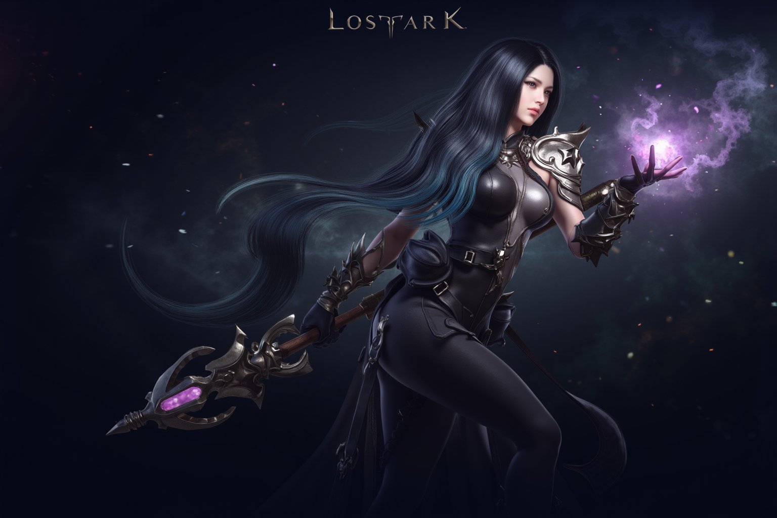 This is a highly detailed digital artwork depicting a fantasy character in a mystical, ethereal setting. The central figure is a female warrior with long, flowing black hair that transitions to a vibrant blue near the ends. She is dressed in a dark, form-fitting outfit adorned with intricate metallic designs and straps, giving her a warrior-priestess appearance. Her armor includes large, ornate shoulder pads and a high-collared cape that flutters behind her, hinting at movement. 

Her right hand is extended forward, creating a magical spark that emits a series of glowing, star-like particles. Her left hand holds a long, ornate staff topped with a glowing, pink crystal. The staff's texture is rough, with a wooden base and intricate metalwork. The character's expression is focused and serious, with a hint of determination.

The background is a gradient of dark blues and purples, with subtle star-like particles floating around her, enhancing the mystical atmosphere. The overall style is highly realistic, with attention to minute details in the character's armor and the magical effects. The image is titled "Lostark" at the top, suggesting it might be promotional art for a game or series.