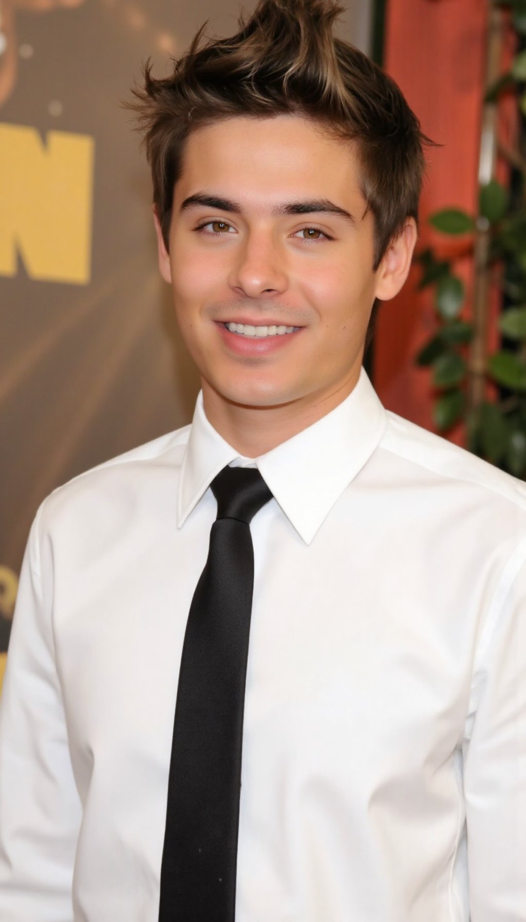 Smiling young man in a formal setting, wearing white shirt and black tie. 