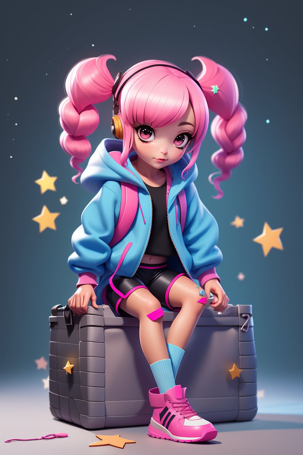 masterpiece, best quality, 8k, cinematic light, ultra high res, chibi, 1girl, bag, backpack, solo, multicolored hair, shorts, star \, (symbol\), blue hair, hood, sitting, pink hair, star hair ornament, head rest, socks, pink footwear, black shorts, hair ornament, full body, boots, bandaid, gradient, twintails, jacket, 