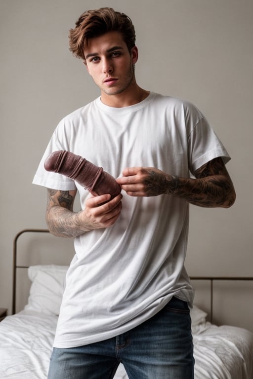 Photo handsome boy wearing an oversized t_shirt, large penis 
