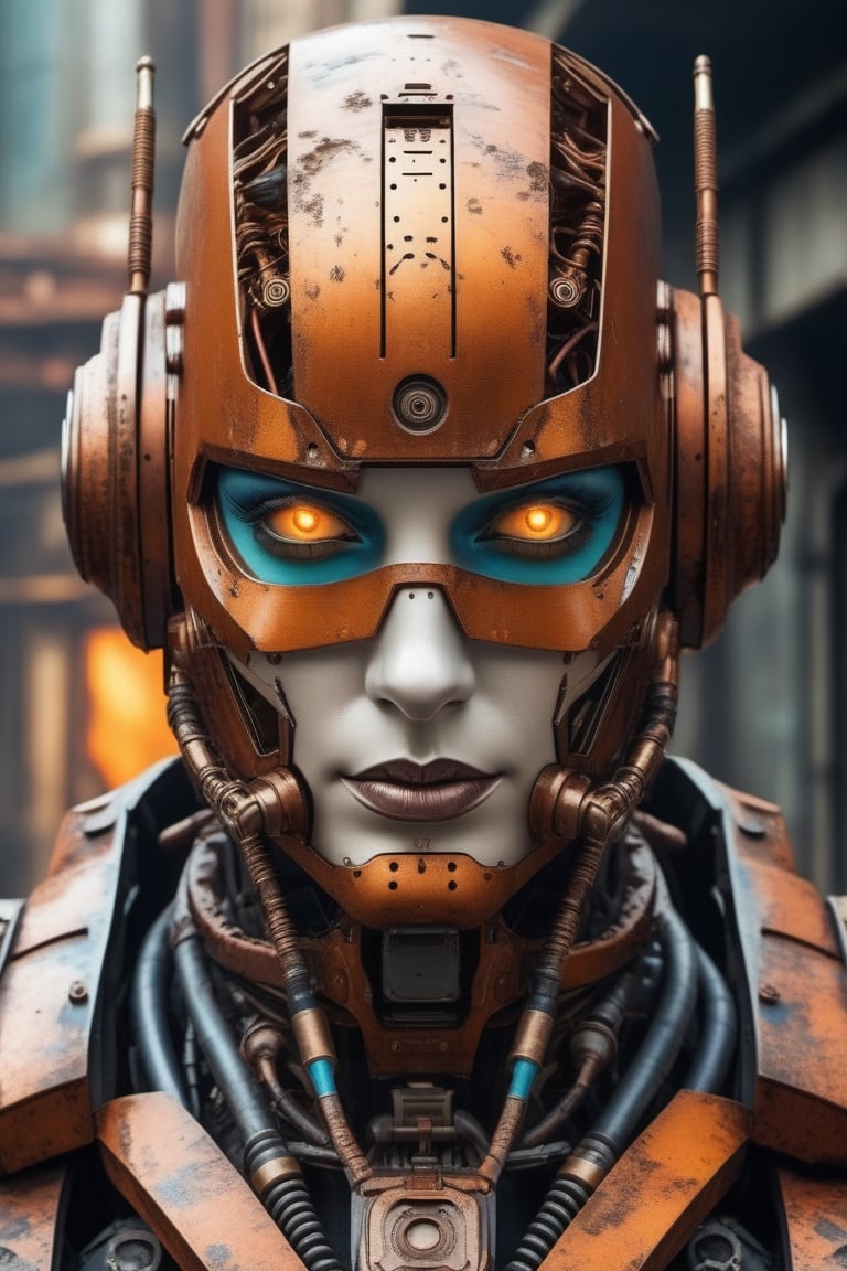 Photo of an android dystopian surrealistic robot portrait with intricate rust details apocalyptic setting professional coloring