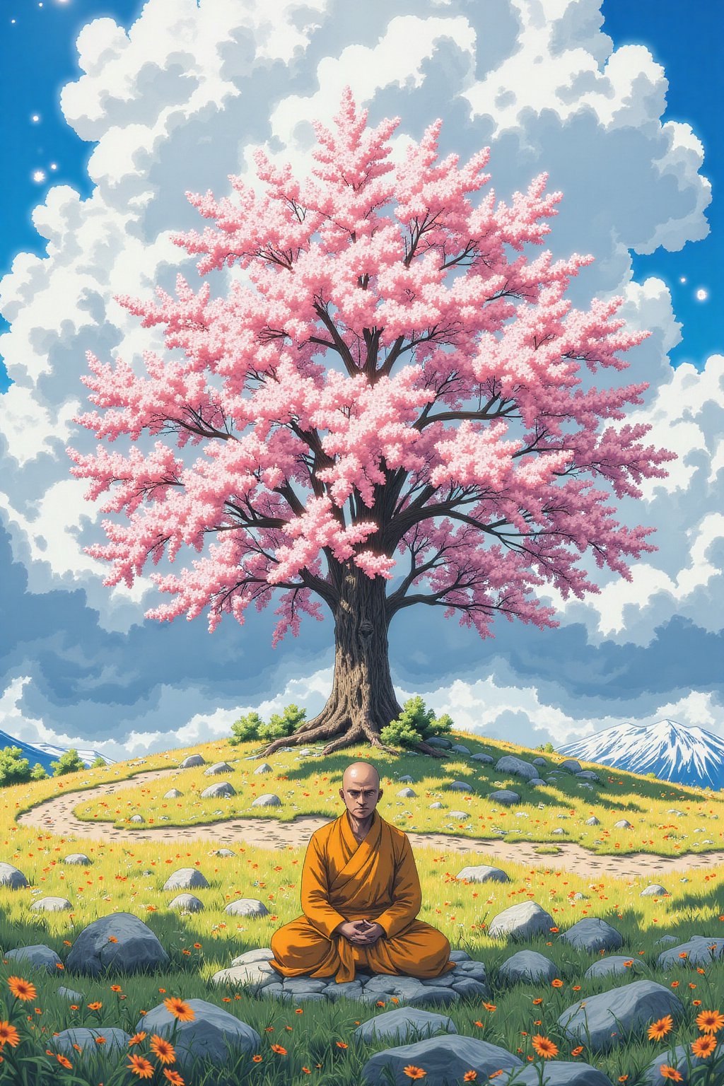 A whimsical anime and cartoon mix scenary line drawing transitions to a one big cherry blossom tree in middle, a monk meditating under tree, view taken from far , beautiful ambient , middle of grassy field one big cherry blossom tree, gloomy white  and gray color mix sky, vibrant close up view scene, foggy clouds and grass field , far a snow mountain , intimidating dark fantasy, beautiful view, The camera uses a 35mm f/2.0 wide-angle lens capturing the playful texture crisp lines and youthful color blocks.,animestyle,aotstyle