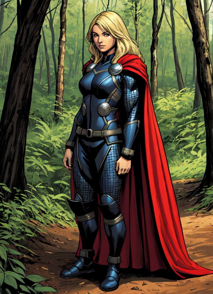 Superhero, 1girl, solo, Comic Thor Girl, long blond hair, full body in picture, standing up stright, red cape, white and blue armor, forest edge background, standing on a forest path, Olivier Coipel artstyle,