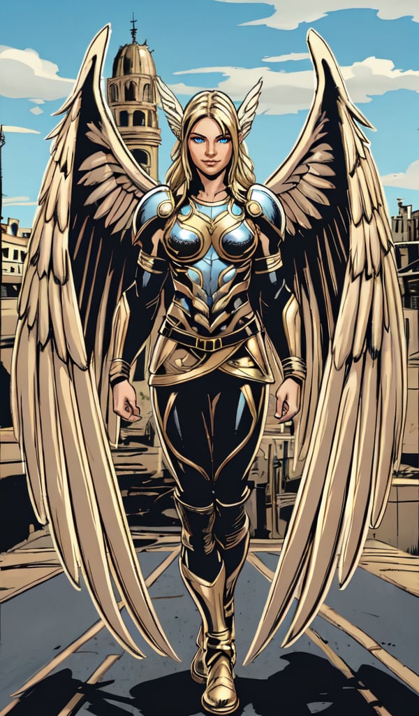 Superhero, 1girl, solo, long blond hair, full body in picture, walking towards viewer, city background, large Nordic braids, ornate white and gold Asgardian armor, nordic diadem, thick and tall body, muscular, full Asgardian armor, magic, wings, Hawkgirl, Hawk Woman, large wings, wings folded, golden wings, red feathers, Olivier Coipel artstyle,