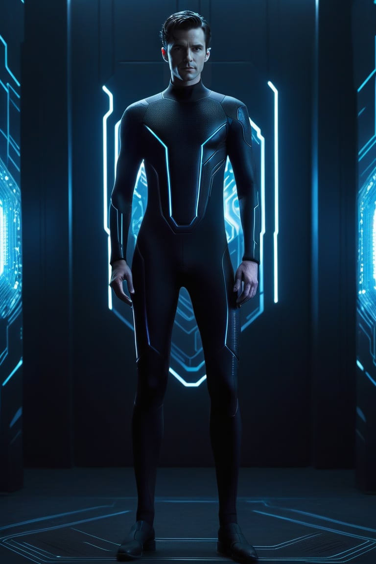  core_9_up, score_8_up, score_7, 1boy, solo, detailed full body shot of a man, black uniform catsuit honeycomb textured, tron legacy, Bruce Wayne, working, detailed glowing hightech tech background lcars, warm colors, cinematic lightinga, black hair,C7b3rp0nkStyle, butler suit, full body in picture,cyberpunk, blue eyes, futuristic, full body in picture, young, face shown, short black hair swept back, glowing circuitry bodysuit