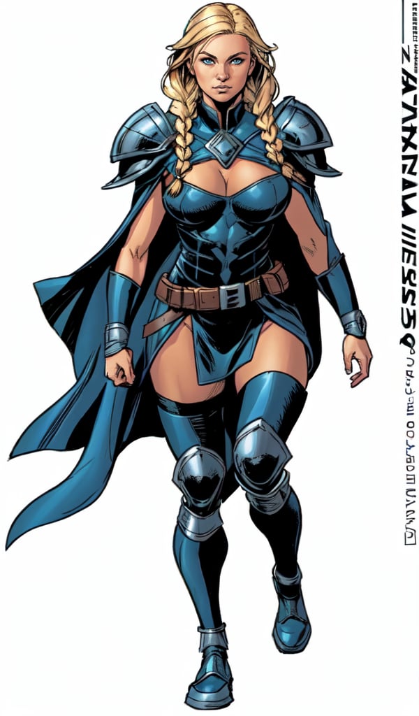 Superhero, 1girl, solo, Valkyrie armor, Brunnhilde (Marvel Comics), long blond hair, full body in picture, walking towards viewer, large Nordic braids, blue cape, Olivier Coipel artstyle