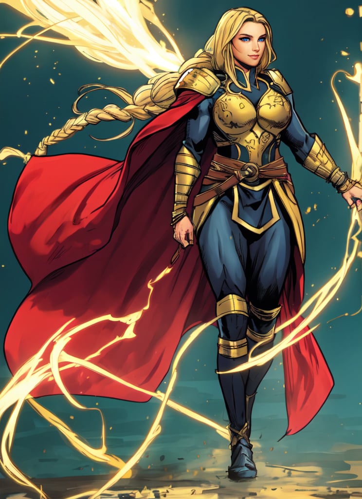 Superhero, 1girl, solo, Freyja, Mature Woman, grim expression, Thor Armor, long blond hair, full body in picture, red cape, walking towards viewer, walking out of the light background, large nordic braids, ornate white and gold asgardian armor, holding a golden club, nordic diadem, thick and tall body, muscular, full asgardian armor, magic, emphasis lines, Olivier Coipel artstyle