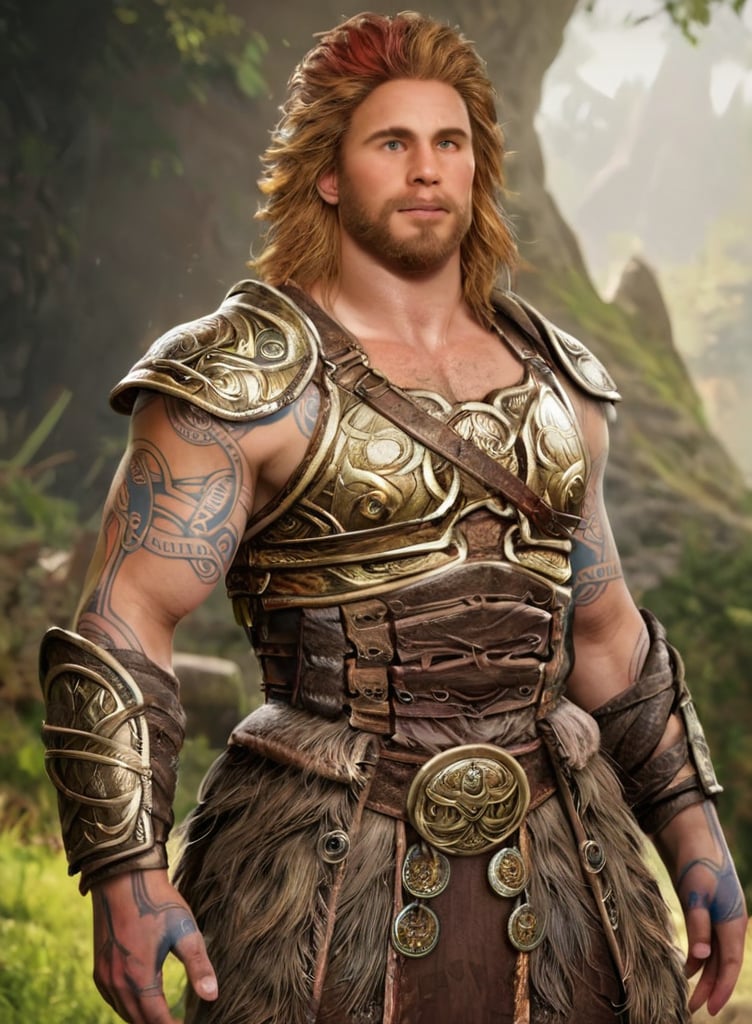 core_9_up, score_8_up, score_7_up,1boy, solo,Thrud, rule63, Thrud as a male, realistic 4k, detailed face, teenager, young. armor, beard, tattoos, runner body type, red hair,dragon armor, pauldrons, god of war style, short hair, facial tattoo, Chris Hemsworth Thor,