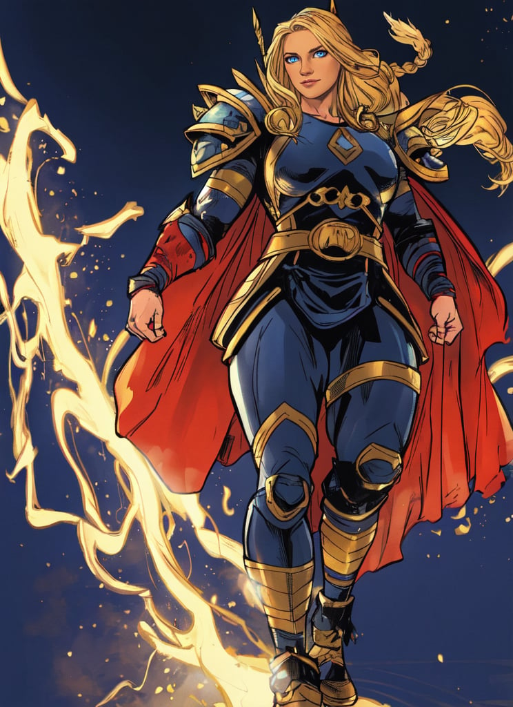 Superhero, 1girl, solo, Freyja, Mature Woman, grim expression, Thor Armor, long blond hair, full body in picture, red cape, walking towards viewer, walking out of the light background, large nordic braids, ornate white and gold asgardian armor, holding a golden club, nordic diadem, thick and tall body, muscular, full asgardian armor, magic, emphasis lines, Olivier Coipel artstyle