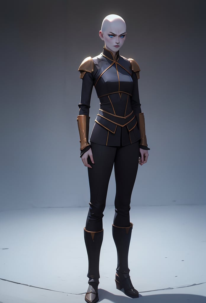 arcane style, Asajj Ventress, 1girl, alone, white skin, armor, full body in frame, black clothes, slim body, white face, white hands, ice blue eyes, young, proud posture, annoyed, bald, star wars,gray skin,