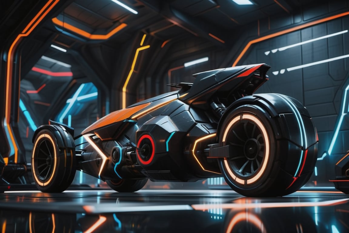  core_9_up, score_8_up, score_7, Batplane, tron legacy, Batman Beyond, warm colors, cinematic lighting,TronLegacy,FuturEvoLabMecha, Cyberpunk 2077 garage background,