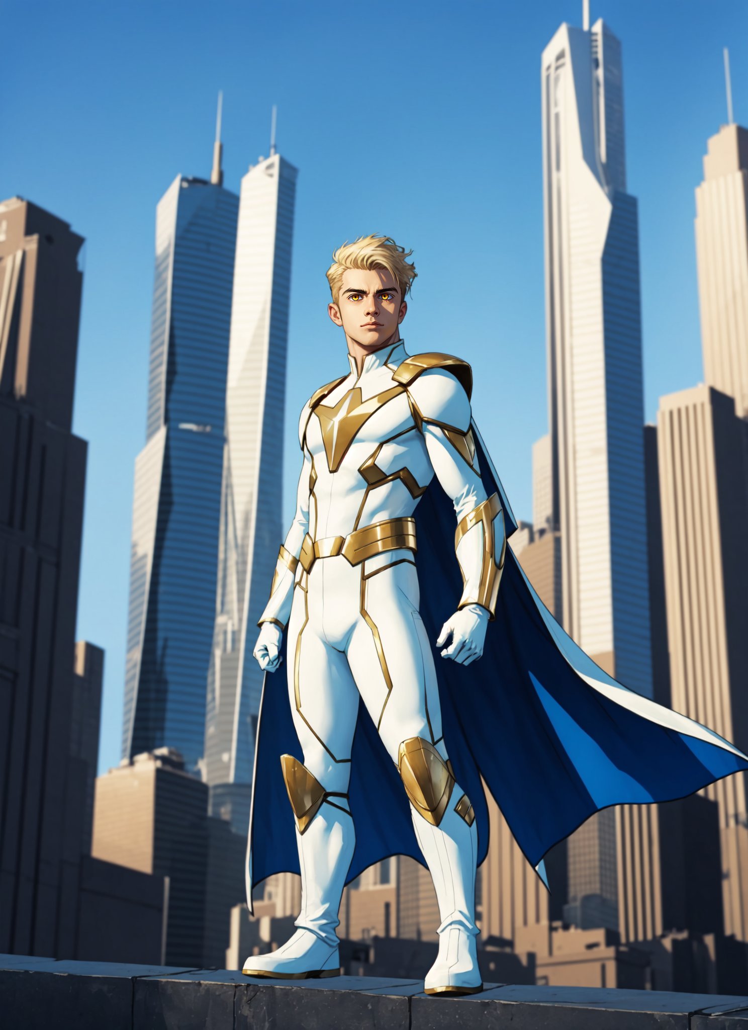 Superhero, 1boy, young teenager, teenage boy, alone, full body in picture, white costume, gold bracers, gold boots, white cape with gold edge, blond hair parted to the side, short blond hair, close cut hair, Stuart Immonen artstyle, city background, blue sky,hand, X-Men Elixir, Joshua Foely, coverd arms, white gloves, slim arms, standing stright, heroic pose, full covarage superhero costume,future_skyline,futuristic, white costume, white superhero suit, boyish face, eyes glowing with energy light,