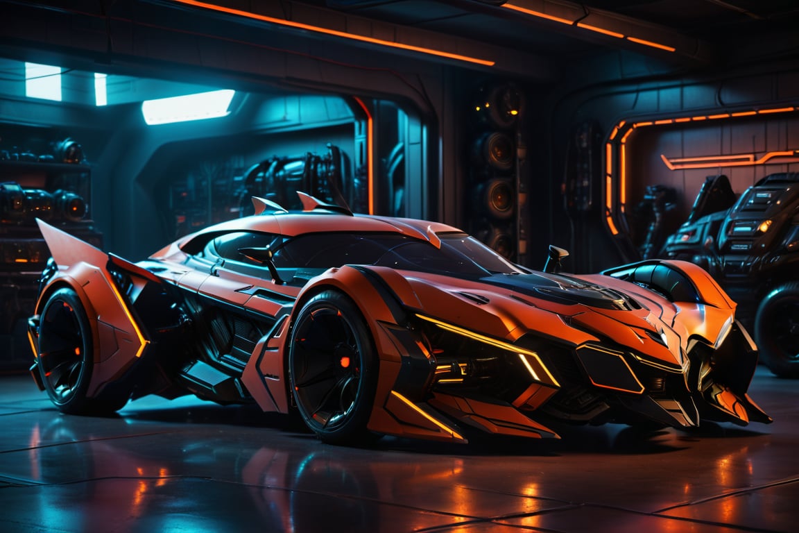  core_9_up, score_8_up, score_7, Batmobile, tron legacy, Batman Beyond, warm colors, cinematic lighting,TronLegacy,FuturEvoLabMecha, Cyberpunk 2077 garage background, front side view