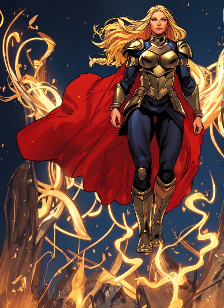 Superhero, 1girl, solo, Freyja, Mature Woman, grim expression, Thor Armor, long blond hair, full body in picture, red cape, walking towards viewer, walking out of the light background, large nordic braids, ornate white and gold asgardian armor, holding a golden club, nordic diadem, thick and tall body, muscular, full asgardian armor, magic, emphasis lines, Olivier Coipel artstyle