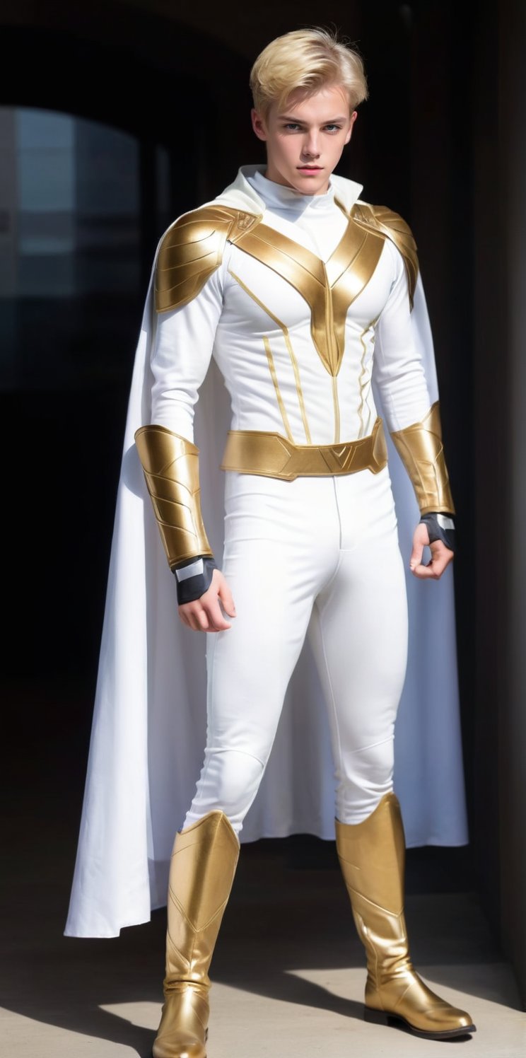 superhero, blond hair parted to the side, white and gold costume, full body in picture, white cape, bracers, sabatons, teenage boy, confident, short hair, X-Men costume, Genesis,