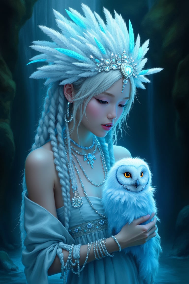 Ultimate realistic ,Girl in feather headdress holding a baby a owl, standing in front of a waterfall, trending on cg society, fantasy art, glowing sparkling crystals, white braids, blue jewelry, ethereal lighting ,(( sexy, eros,)) profile picture, glowing white neon eyes, white cyan covered in jewels, girl with feathers, neon owl, shimmering and spiral nubella, azure. detailed hair 