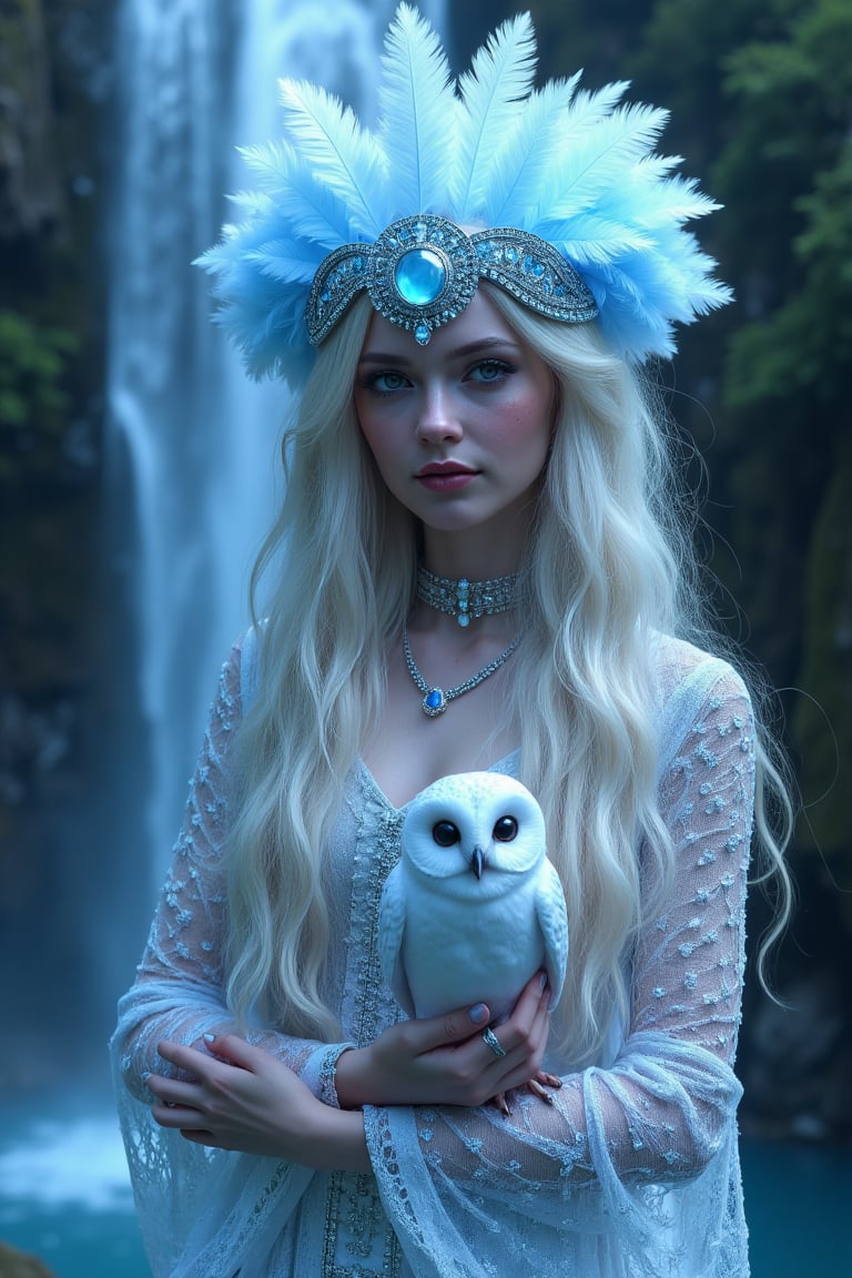 Ultimate realistic ,Girl in feather headdress holding a baby a owl, standing in front of a waterfall, trending on cg society, fantasy art, glowing sparkling crystals, white braids, blue jewelry, ethereal lighting ,(( sexy, eros,)) profile picture, glowing white neon eyes, white cyan covered in jewels, girl with feathers, neon owl, shimmering and spiral nubella, azure. detailed hair 