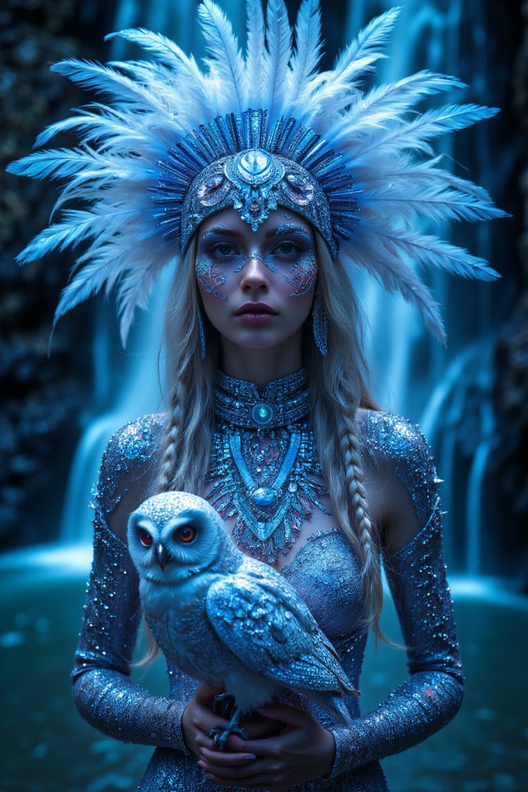 Ultimate realistic ,Girl in feather headdress holding a baby a owl, standing in front of a waterfall, trending on cg society, fantasy art, glowing sparkling crystals, white braids, blue jewelry, ethereal lighting ,(( sexy, eros,)) profile picture, glowing white neon eyes, white cyan covered in jewels, girl with feathers, neon owl, shimmering and spiral nubella, azure. detailed hair 