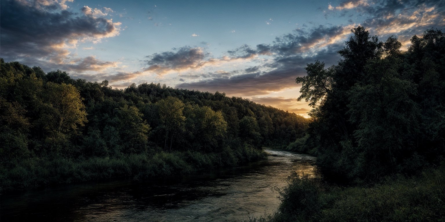 aesthatic image , realisitc image , life like image , detailed , river near dense forest , morning lighting , abstract_background, detailed tree ,  green ground,realistic river 