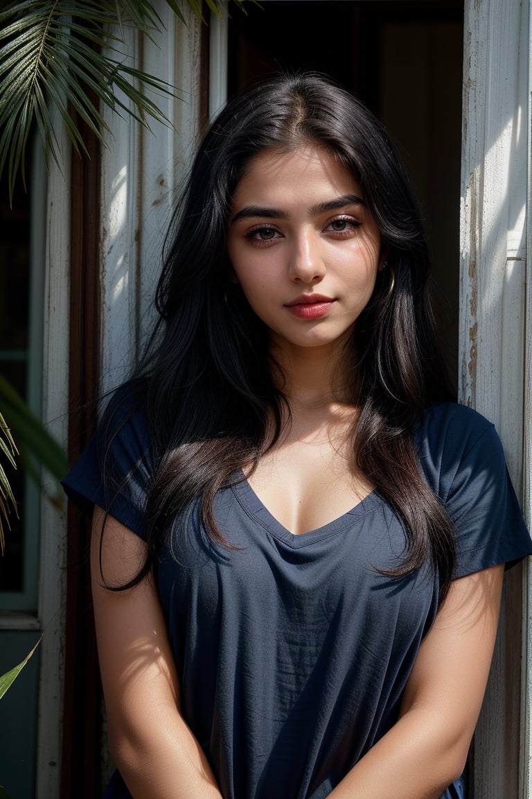 lovely cute young attractive indian girl, blue eyes, gorgeous actress, 23 years old, cute, an Instagram model, long hair, black hair, Indian, weaaring blouse, wearing bindi in forehead, ear rings,looking hot, under sunlight, looking on window,