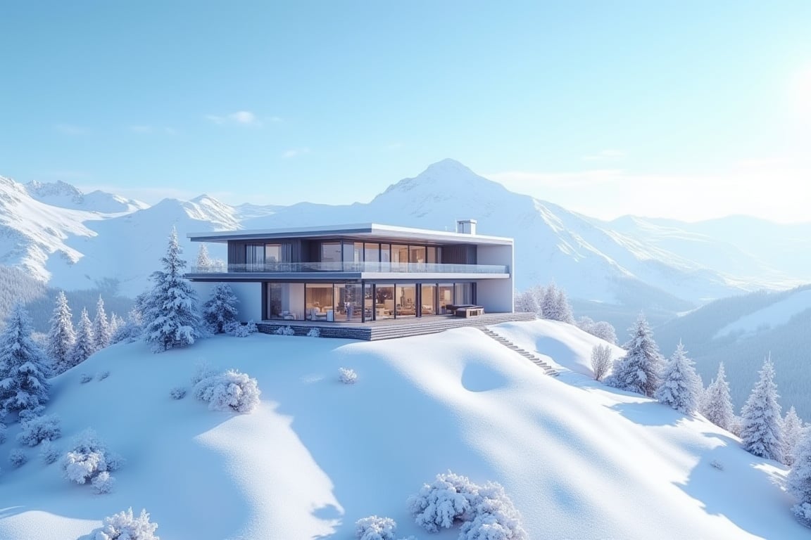 A modern, luxurious villa stands majestically at the peak of a snow-capped mountain, surrounded by a blanket of pristine white powder. The villa's sleek design and large windows blend seamlessly into the winter wonderland landscape. The high-resolution image is set against a crisp blue sky, with the sun casting a warm glow on the snow-covered terrain. (1080p)