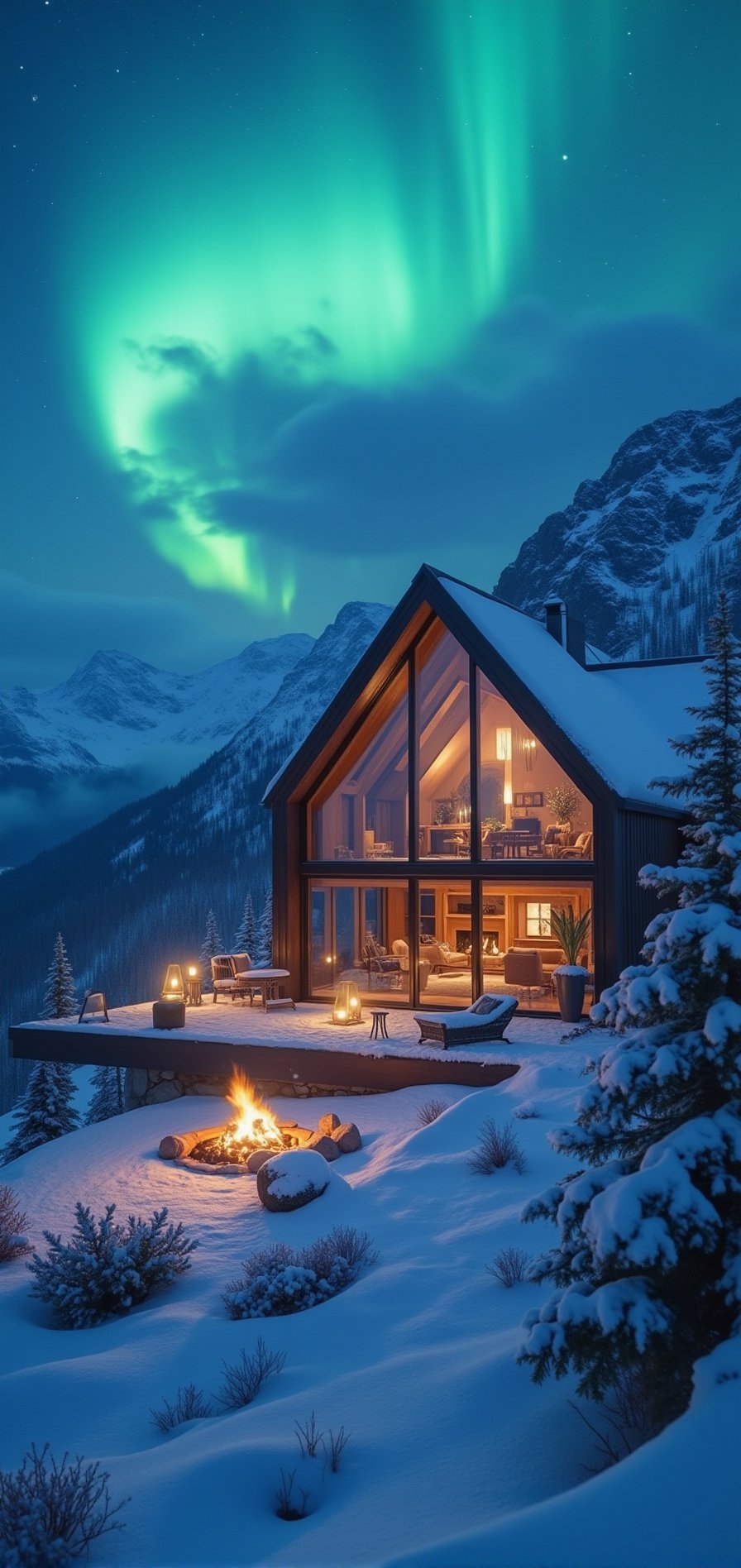 A majestic traditional glass villa sits atop a snowy mountain peak at dusk's detailed night. Framed by the camera, the villa's sleek façade reflects vibrant aurora hues as northern lights dance across the sky, casting an ethereal glow on the surrounding landscape. A bone fire crackles outside, its flames illuminated by soft lanterns and wispy smoke dancing upwards. Snowflakes gently fall onto angular lines, creating a serene winter wonderland. The camera zooms in on glass walls, revealing cozy interior lit by soft lamps and roaring fire, with frosty windowsills and wispy snowflakes appearing crisp and realistic in 1080p resolution.