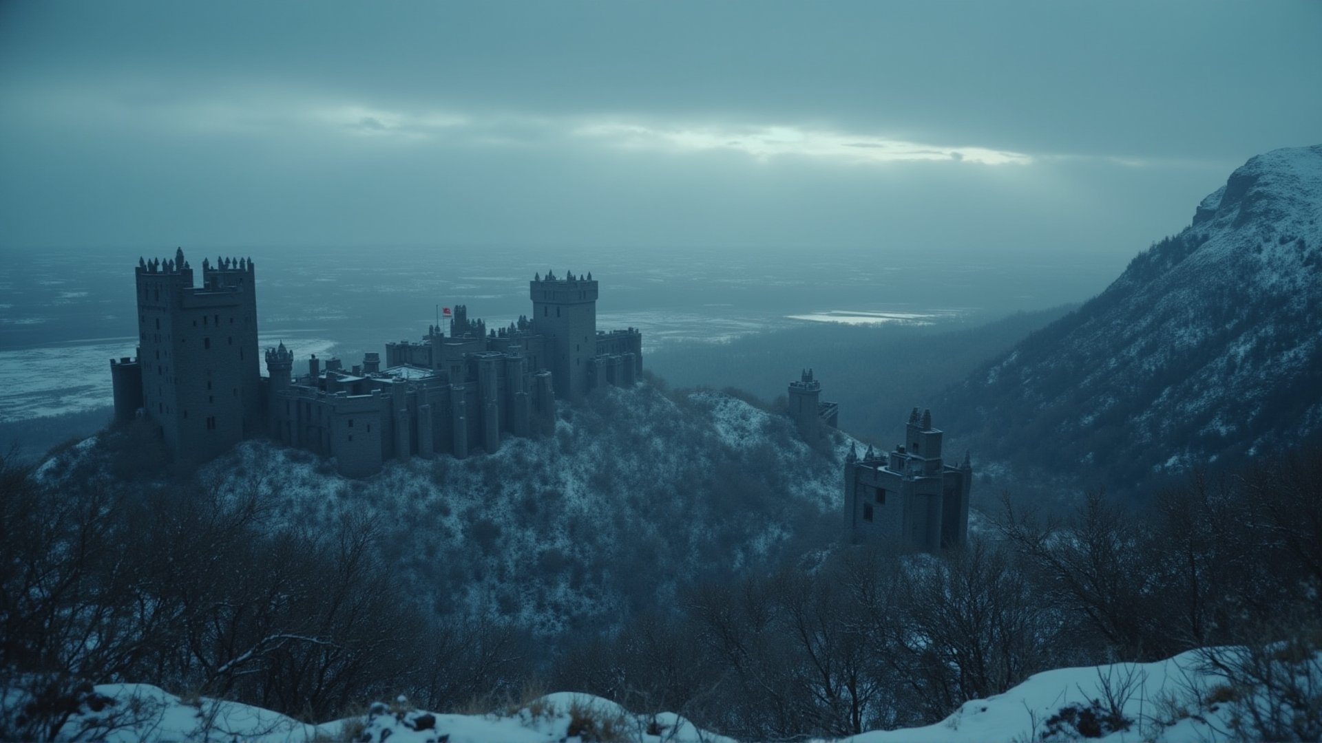 "Panoramic view of the Seven Kingdoms of Westeros, medieval castles in the distance, rugged terrains, wintery feel, majestic and dark, intricate details, ultra HDR, cinematic lighting, 1950s Game of Thrones film, 50s cinema, in color, super Panavision."