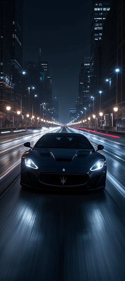 Maserati supercar accelerates down deserted midnight highway, logo gleaming with precision under darkened cityscape. Dynamic wide-angle shot captures towering skyscrapers and bustling streets, urban landscape contrasting with twinkling city lights like diamonds against the blackness of night. Extreme realism showcases every curve and line of the vehicle as it speeds by at breakneck pace.