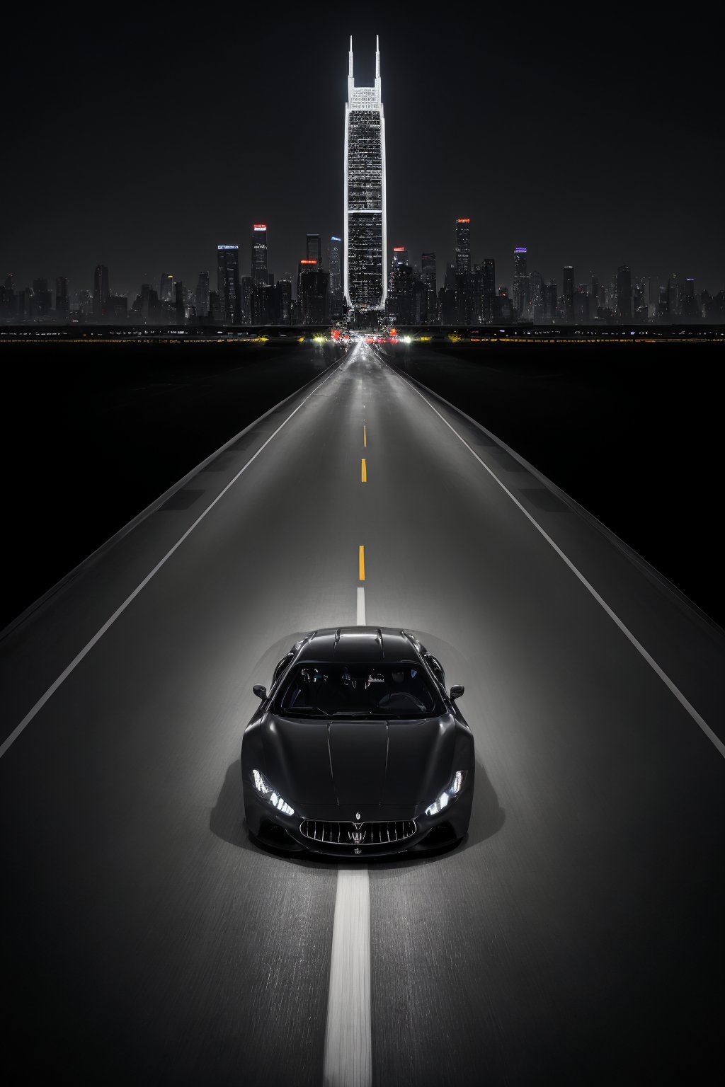 Maserati supercar accelerates down deserted midnight highway, logo gleaming with precision under darkened cityscape. Dynamic wide-angle shot captures towering skyscrapers and bustling streets, urban landscape contrasting with twinkling city lights like diamonds against the blackness of night. Extreme realism showcases every curve and line of the vehicle as it speeds by at breakneck pace.